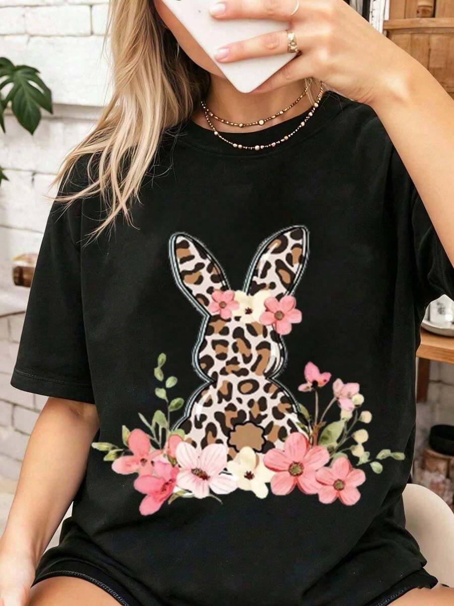 Women Easter Leopard Bunny Floral Print Design Pure Cotton Casual Round Neck T Shirt Soft Comfortable For Spring Summer Wear - Màu xanh lam - Xem 1
