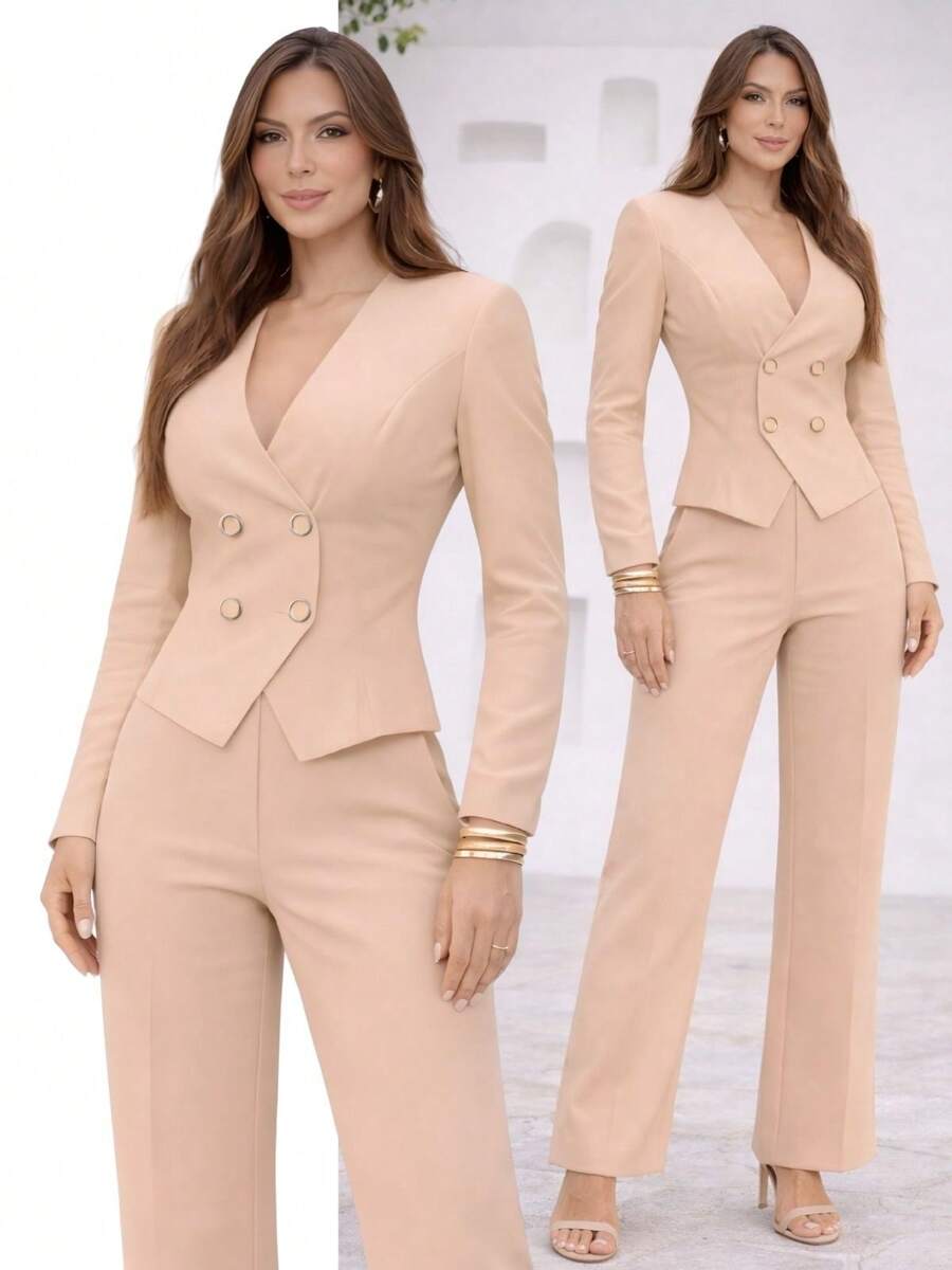 Women's Tailored Set: Cropped Blouse, Vest, And Wide-Leg Pants - NEUTRAL BROWN - View 1
