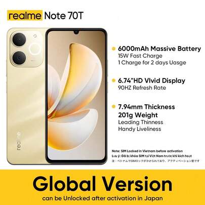 Realme Note 70T 4G 无锁智能手机，4GB+64GB/4GB+128GB/4GB+256GB 全球版，4G LTE，Android 15 操作系统，5000 万像素 AI 摄像头，90Hz 显示屏，轻薄便携，6000mAh 电池，15W 快充，八核处理器，不含适配器