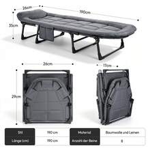 Transat pliant Sour Lemon, lit de camping, lit d'appoint, chaise longue pliante, réglable sur 6 positions, fauteuil inclinable par gravité, supportant jusqu'à 200 kg, avec matelas, poche latérale et appui-tête. Idéal pour le camping en extérieur et en intérieur, sur balcon, au bord de la piscine, sur la terrasse ou au bureau. - Gris - Voir 3