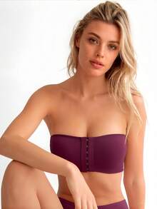 Women's Grape Purple Strapless Bra, Seamless Invisible Bra Bandeau Style Wireless Front Closure Push Up Bra, Invisible Non-Slip Front Clasp Invisible Back Bra Wireless Bra - Purple - View 4