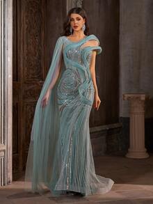 Luxuriöses Salbeigrün Pailletten Meerjungfrau Maxi Kleid mit elegantem Schal - Fesselndes Spiral Perlen Formal Kleid für Gala Hochzeitsparty - Minzgrün - Übersicht 5