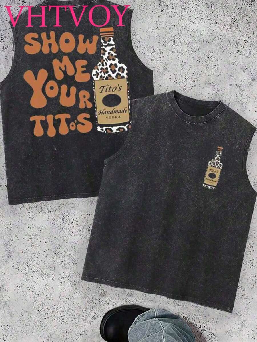 Men's Casual Sports Vest With Tito's Vodka Slogan Pattern, Lightweight And Breathable Knit Fabric, Crew Neck Sleeveless Top, Suitable For Gym And Casual Wear - Black - View 1