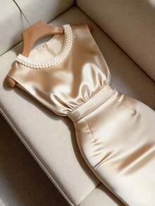 Averia Abito elegante casual da donna con scollo a girocollo con perle, in raso liscio, per pendolarismo, feste, lauree, cerimonie di lavoro, damigelle e ospiti, primavera estate - Champagne - Visualizzare 6
