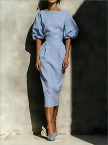 Gaun Kasual Elegan Warna Biru dengan Kerah Bulat, Lengan Pendek, Panjang Sedang, Saku Samping, Belahan Belakang, Cocok untuk Pesta, Acara Formal Bisnis, Pernikahan, dan Pakaian Kantor Musim Panas - Baby Blue - View 4