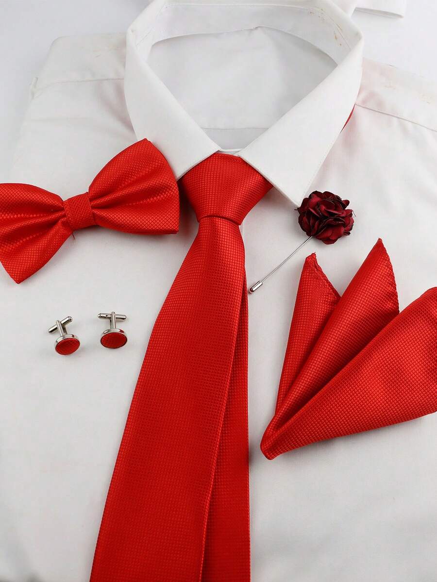 ZLQ&GOU Bộ 5 món màu đỏ lễ hội bằng polyester, bao gồm cà vạt, nơ, khăn cài túi áo, khuy măng sét và ghim cài ve áo, thích hợp cho đám cưới, tiệc tùng và làm quà tặng. - Đỏ - Xem 1