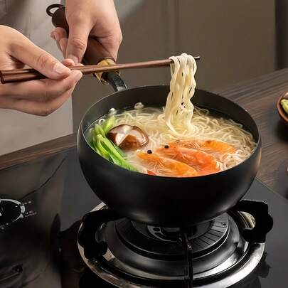 1 stuk traditionele handgemaakte gietijzeren wok, met glazen en houten deksel, 28 cm diameter, antiaanbaklaag, geschikt voor roerbakken, grillen, stoven en koken; compatibel met inductiekookplaten en gasfornuizen; keukengerei voor thuisgebruik