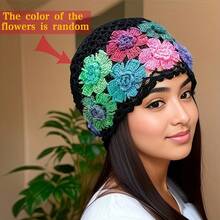 Vibrant Bohemian Crochet Womens Beanie| Lightweight Artistic Floral Cap With Unique Hollow-Out Design - Adjustable Vintage Style For Spring/Summer - Random Flower Colors - Breathable, Stretch, Pull-On Closure - Khaki 1 - View 6