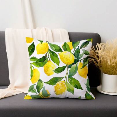 1/2/4 piezas Funda de almohada de terciopelo con estampado de limón y melocotón en acuarela, impresión de un solo lado para decoración del hogar, sofá, dormitorio y sala de estar, sin relleno