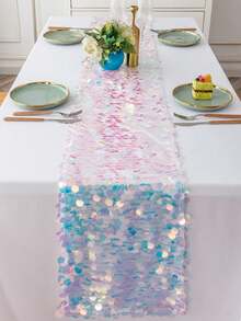 Meerjungfrau Party Tischläufer, 12 X 84 Zoll Pailletten Tischläufer, glitzernder holografischer Meerjungfrauen bunter Pailletten Tischdecke für Ozean Geburtstags Party - Verschiedenfarbig - Übersicht 3