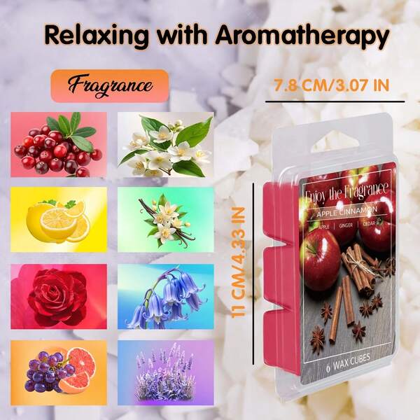 1 Caja: Ceras aromáticas (3oz) - Ofrece 8 opciones de fragancias. Aromas aromáticos de larga duración infundidos con aceites esenciales a base de plantas, hechos con cera de soja. Adecuado para varios derretidores de cera para crear ambiente en espacios interiores y exteriores, excelente como decoración para la sala de estar, el dormitorio o un regalo pensativo para amigos y familiares. Elige entre 8 fragancias populares: Campanilla, Rosa, Jazmín, Limón, Manzana y Canela, Sándalo, Vainilla y Lavanda.