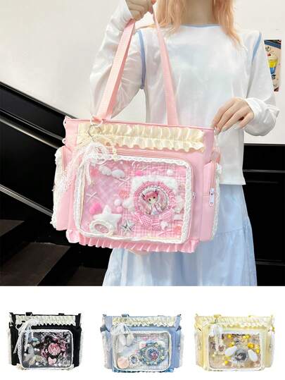 Túi Ita Kawaii dành cho nữ, Túi tote ren xếp ly trong suốt dễ thương để trưng bày huy hiệu, Túi xách đeo chéo nhiều màu sắc để trưng bày huy hiệu anime theo phong cách Lolita, Túi Ita dung tích lớn, Túi đeo vai bằng nylon mềm có khóa kéo, Túi đeo chéo đa năng cho hàng ngày và các sự kiện anime. 1 chiếc túi tote ren xếp ly trong suốt dễ thương, Túi trưng bày huy hiệu anime có dây đeo điều chỉnh được dành cho nữ, Túi xách Kawaii dành cho người sưu tầm và người hóa trang.