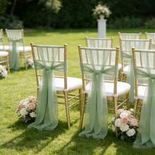 16pcs/Set Romantic Wedding Chair Sash Bow Decor, 20*275cm/7.8*108in Long Chiffon Ribbons For Wedding Aisle, Ceremony, Reception, Church, Party, Outdoor Decoration - Champagne - View 6