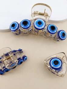 3个蓝色恶魔之眼透明塑料发夹，适合日常使用、夏季、假期、旅行 - 彩色 - 查看 2