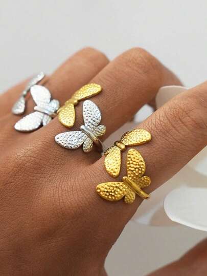 Uself Bộ 3 chiếc/1 chiếc nhẫn hở điều chỉnh được hình bướm tối giản bằng thép không gỉ, mạ vàng 18K, chống thấm nước, trang sức cao cấp, thích hợp cho kỳ nghỉ và các dịp khác, nhẫn nữ, trang sức nữ