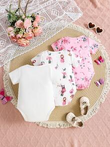 Set de 3 piezas Enterizo de bebé con estampado de niña bailando y flores para recién nacidos - Blanco - Ver 2