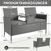 Polyrattan Garden Bench With Table, Balcony Furniture Set Of 2 With Soft Seat Cushions, Garden Furniture Set For Small Balconies, Weatherproof, UV-Resistant, Outdoor Bench For Patio, Garden - 灰色 - 查看 3