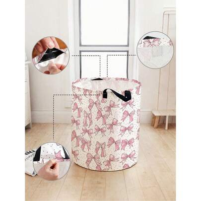 2PCS Foldable Round Storage Basket With Handles, Large Capacity Bow Print, Multi-Purpose Organizer For Bathroom, Bedroom, Laundry, Toy, Clothing And Snack Storage