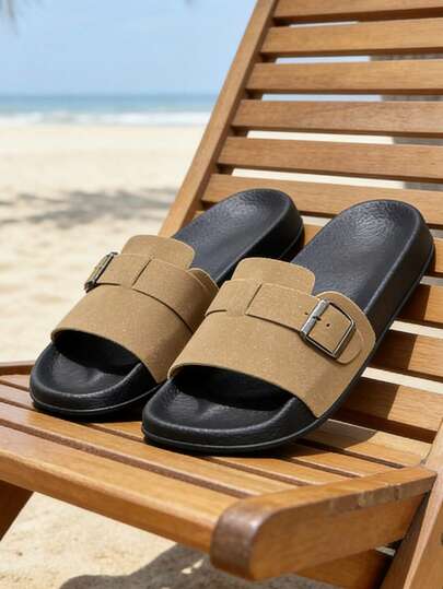 Plus Size Men's Khaki EVA Beach Slippers, New Summer Fashion Non-Slip Odor-Resistant Sandals, Comfortable Thick-Soled Breathable Slides, Suitable For Beach And Casual Wear