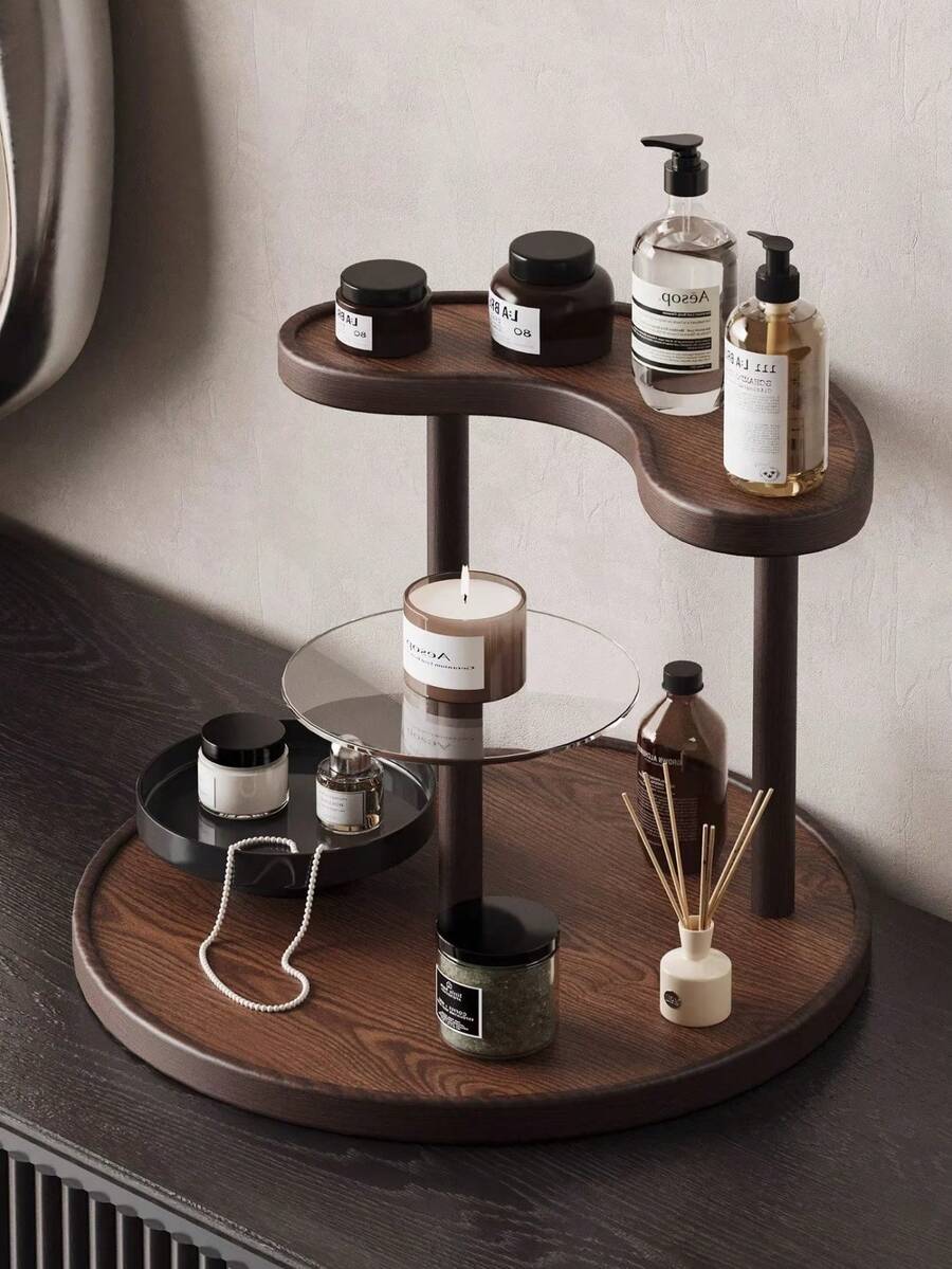 3-Tier Rotating Multifunctional Desktop Organizer Rack, Walnut Bathroom Vanity Makeup Storage Rack, Cosmetics Storage Organizer, Circular Multipurpose Organizer Rack For Cosmetics, Accessories, Decor - Space Saving Countertop Organizer - Multicolor - View 1