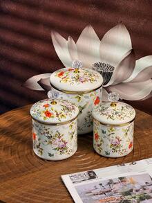 Retro Floral Pattern Acrylic Rhinestone Lid Enamel Canister + Coffee/Tea/Sugar/Spice Jar + Suitable For Living Room Desk Decor/Kitchen Storage/Dining Table Canisters + Can Be A Thoughtful Small Gift For Friends And Family - View 7