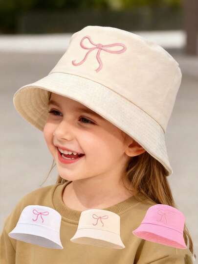 1 stuk schattige roze bucket hat voor kinderen met geborduurde strik, brede rand, ademend, geschikt voor dagelijks gebruik en fotoshoots.
