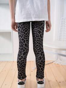 Girls' Leopard Print Leggings, Children's Snug Fit Cropped Pants, Personalized Mid-Calf Trousers, Slim Fit Soft & Versatile, Suitable For All Seasons - Black - View 3
