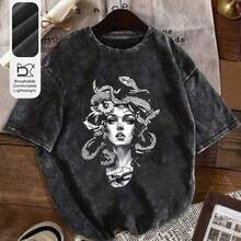 Womens Summer Snake Print Casual Simple Daily Loose Washed Cotton Short-Sleeved Round Neck T-Shirt Tops Womens Summer Wa - Hồng - Xem 6