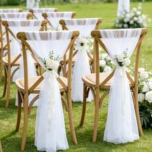16pcs/Set Romantic Wedding Chair Sash Bow Decor, 20*275cm/7.8*108in Long Chiffon Ribbons For Wedding Aisle, Ceremony, Reception, Church, Party, Outdoor Decoration - Champagne - View 5