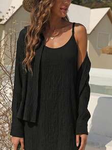 Summer French-Style Elegant Slip Dress With Cardigan Two-Piece Set, Slimming And Flattering Vest Dress - Black - View 9