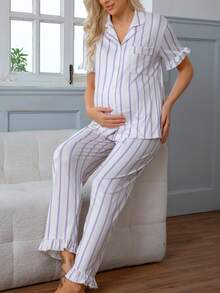Bộ đồ ngủ bà bầu 2 món, áo khoác cardigan cổ bèo màu tím trắng nhẹ nhàng và quần dài, đồ mặc nhà sau sinh. - Nhiều màu - Xem 6