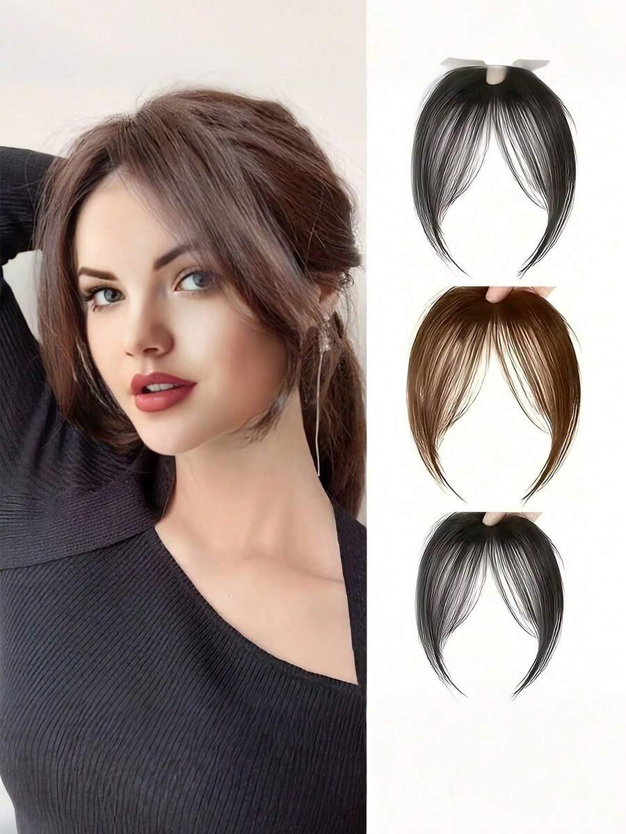 3件装女士直发刘海夹式假发，优雅直发合成夹式接发，高温丝直发片，蓬松侧刘海 - 优雅自然外观，高温丝材质，易于佩戴，时尚日常假发，时尚发饰 | 自然外观 | 简约设计，发爪夹，发夹，发卡，发卡，发爪，发夹，发卡 - 彩色 - 查看 1