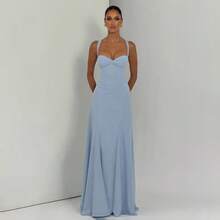 2026 Summer New Women's Fashion Elegant Temperament Long Dress For Party, Banquet, Date Evening Gown, Sexy Slim Fit Low-Cut Spaghetti Strap Dress - 藍色 - 查看 4