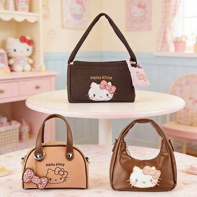 Miniso 三丽鸥 Hello Kitty 豹纹系列包包，保龄球包/饺子包/腋下包 3 种款式可选，经典卡通印花，大容量多功能设计，通勤、上学、旅行、汽车休闲百搭手提包/斜挎包（1 件装）