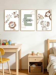 3pcs Customized Green Wall Art, Personalized Name, Wild Animals & Dinosaur Prints, Cute Animal Paintings, Decor For Boys Room, Bedroom, Unique Birthday Gift For Friends & Family, Frameless - Multicolor - View 10