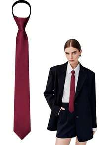 Women's Black Tie, Pre-Tied Women's Tie, Adjustable Women's Zipper Tie, Suitable For Office, School, And Parties. - 酒紅色 - 查看 1