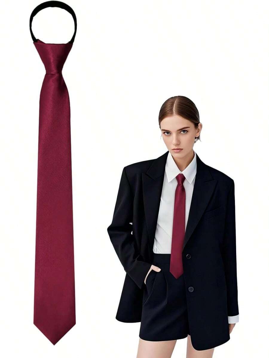Women's Black Tie, Pre-Tied Women's Tie, Adjustable Women's Zipper Tie, Suitable For Office, School, And Parties. - 酒紅色 - 查看 1