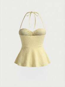 Women's Summer Bohemian Style Yellow Knit Camisole Top - Light Yellow - View 2