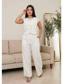 Women's Tailored Set: Vest And Wide-Leg Pants. Elegant, Casual, Chic, Modern, Conservative/Modest. Party/Fabric. Buttons Down The Front. Gathered Waist. Women's Formal Set. Office/Baby Shower/Formal And Evening. Holidays/Home/Summer, Spring And Autumn. - 白色 - 查看 4