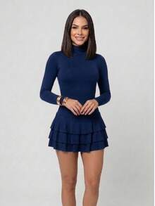 Women's Short Dress With Long Sleeves, Open Back, Ruffled Hem, Elegant, Layered, For Parties, Beach, Vacations, Stage And Concerts. - Navy Blue - View 2
