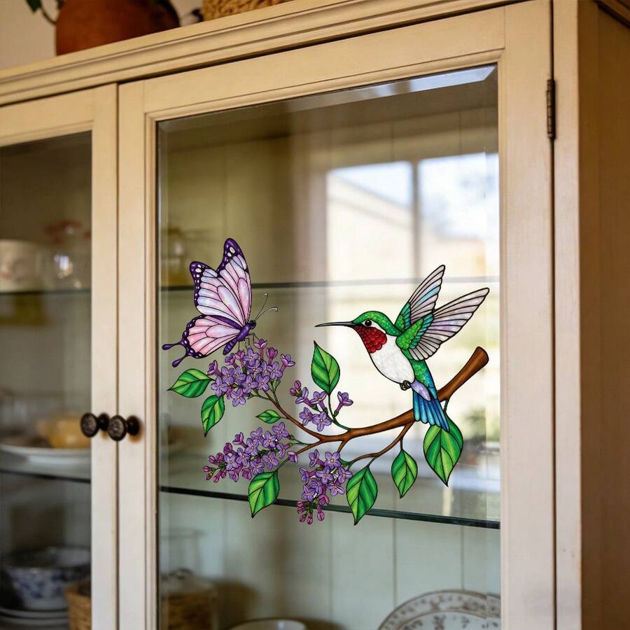 1/5pcsWhimsical Hummingbird & Purple Flower Stained Glass Peel And Stick Wall Decals For Kitchen Refrigerator Home Decor