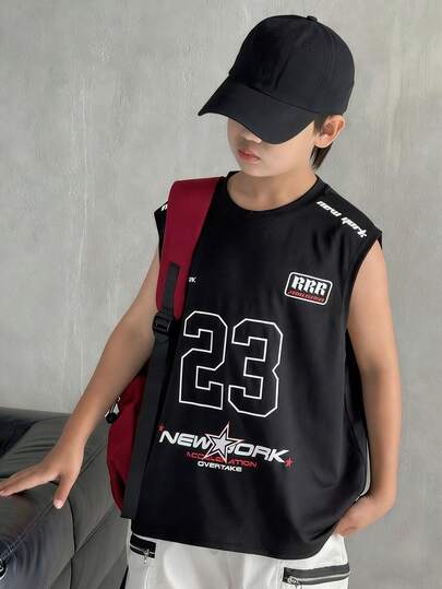1pc Boys' Summer Sleeveless Tank Top, American Street Style Numeric 23 Print Loose Fit Sporty Tee, Oversized Streetwear/Casual Versatile Design For Older Kids