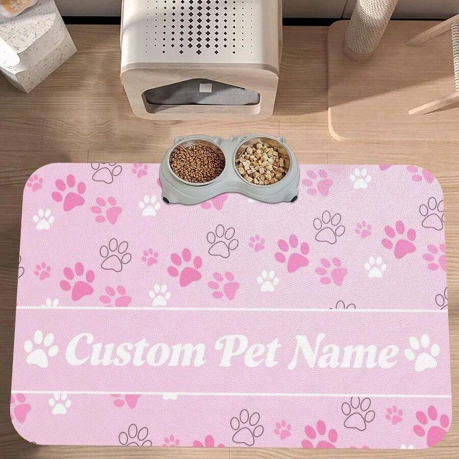 Personalized Custom Name Pet Feeding Mat, Waterproof Oil-Proof Anti-Slip Pad, Residue & Water Proof Floor Protection, Wear Resistant Durable Pet Bowl Mat For Dogs Cats, Home Pet Supplies - Pink - View 1