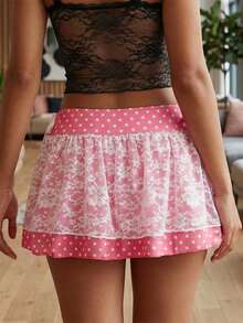 Minifalda de encaje para mujer con tirantes laterales, elegante falda con volantes y estampado de lunares para uso diario en la playa durante el verano. - Rosa - Ver 6
