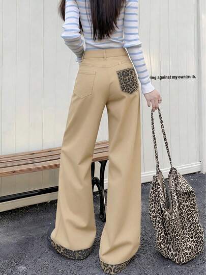 Vintage Black Leopard Print Cuffed Wide Leg High Waist Loose Contrast Color Straight Jeans