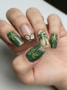 24片方形夏季椰林闪光渐变手绘椰树美甲贴片，可卸除 - 綠色 - 查看 3