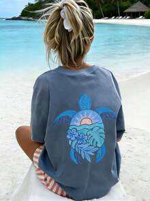 1pc Tween Girl Printed Short Sleeve T-Shirt, Student Youth Clothing, Summer Gift - Dusty Blue - View 2