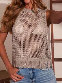 Áo tank top nữ thời trang, chất liệu dệt kim bóng, có tua rua, dáng regular fit, hơi xuyên thấu, co giãn nhẹ. - Màu Khaki - Xem 3