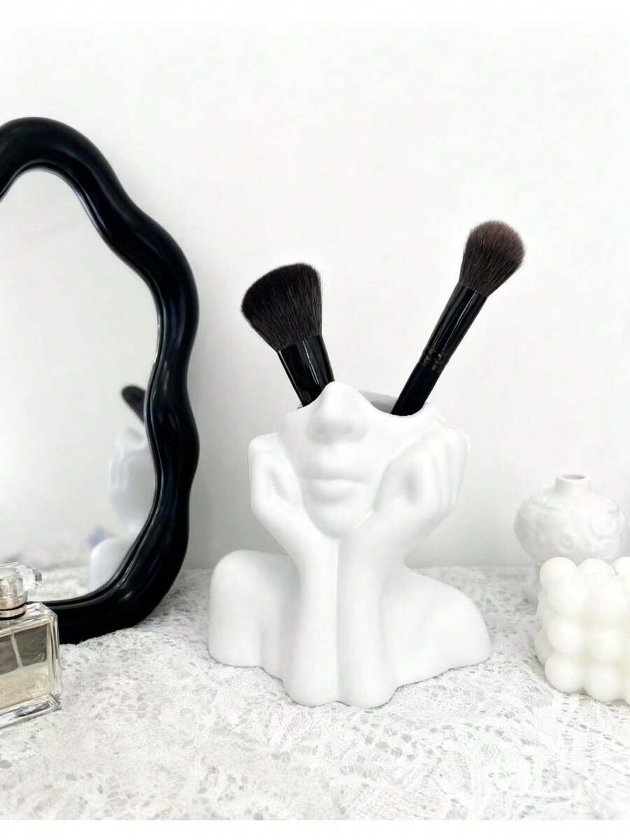 北欧ins风抽象面部化妆刷收纳盒，创意人体艺术托腮造型笔筒，桌面梳妆台化妆品收纳盒，家居装饰 - 查看 1