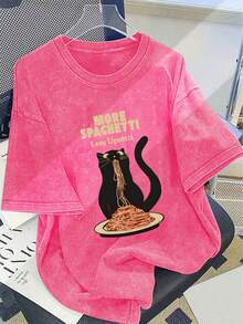 Cotton T Shirts Women2026Y2K Elegant Women's Pure Cotton Washed Short Sleeve T-Shirt With Creative Exquisite Pattern Of A Black Cat Eating Spaghetti MORE SPAGHETTI Less Upsetti Fashionable And Suitable For Daily Wear, The Fabric Is Skin-Friendly, Making It A Beautiful Gift. Festival Outfits For Women - Lớp phủ Orca - Màu đen - Xem 10
